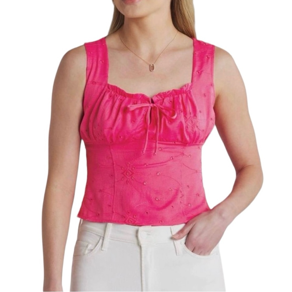 New The General Good Eyelet Smocked Back Tie Front Tank Top Pink Size XL